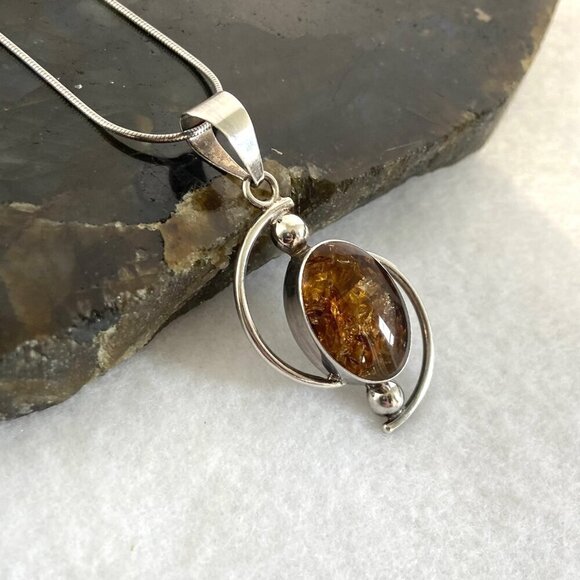 Sterling Silver 950 Mexico Geometric Oval Baltic Amber Pendant Necklace 18" - Picture 4 of 16